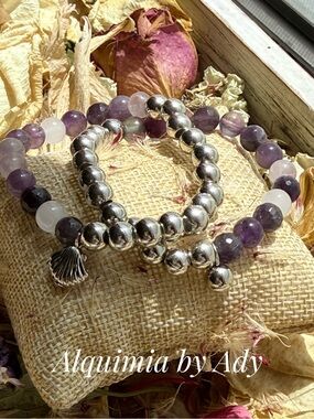 Purple amethyst and Silver Stacked Beaded Bracelets